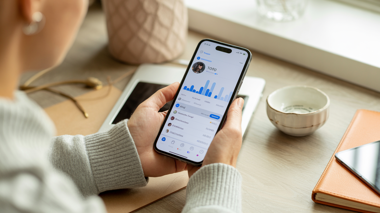 Kreator konten menganalisis profil Threads di smartphone untuk membeli followers dan mempercepat pertumbuhan media sosial