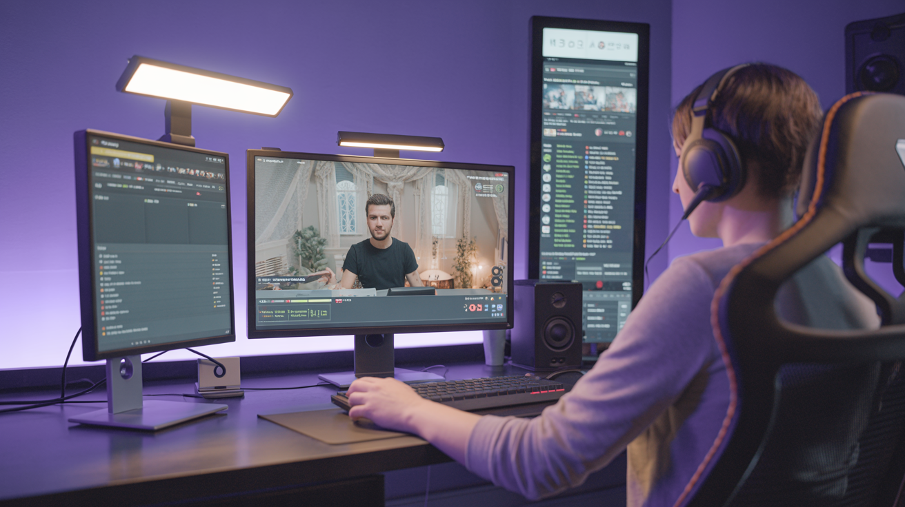 Streamer professionista in diretta Twitch con contatore di spettatori visibile, studio gaming viola, crescita del canale Twitch