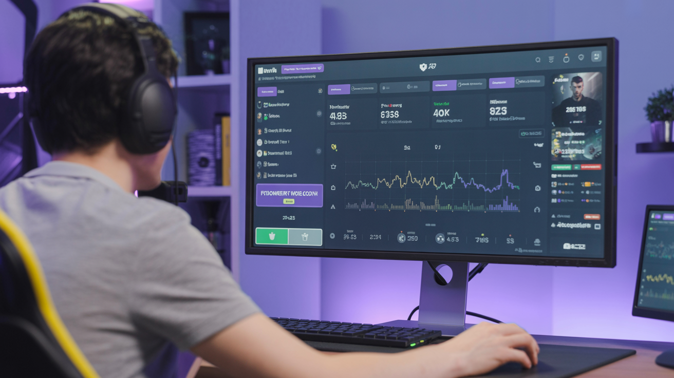 Streamer professionista che analizza la crescita dei follower Twitch sul pannello analitico, con strategie di sviluppo canale e acquisto follower 2026