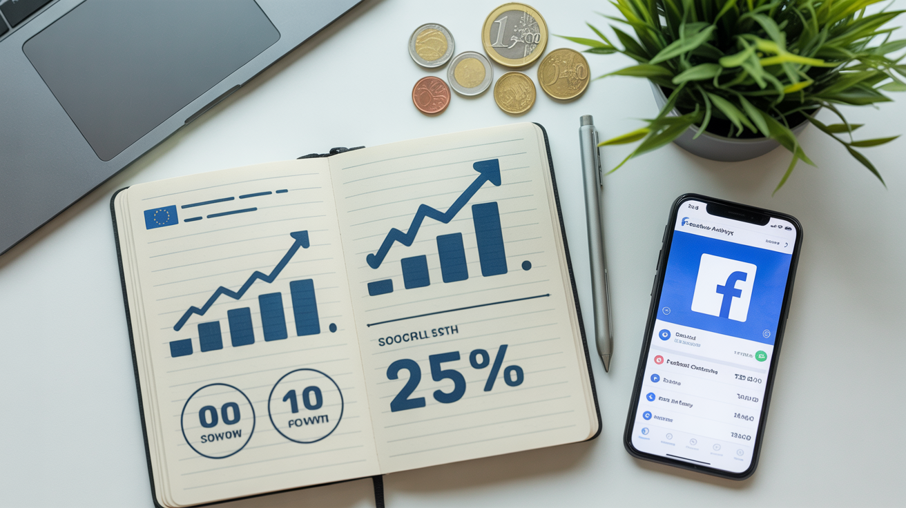 Panoramica di prezzi e pacchetti per comprare like su Facebook – taccuino con statistiche e smartphone