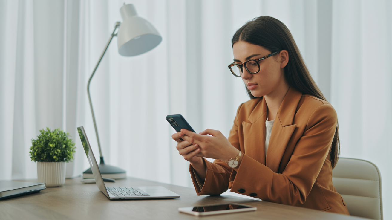 Vrouw controleert beste posttijdstip op Instagram via analytics op smartphone in professionele werkruimte