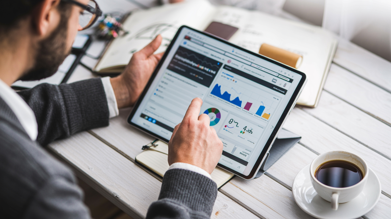 Créateur de contenu analysant les performances de ses publications Snapchat sur tablette, tableau de bord analytics visible