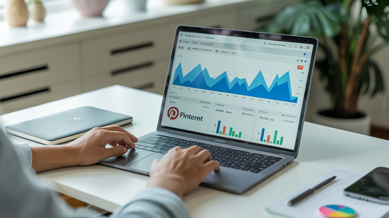 İçerik üreticisi Pinterest repin analizlerini dizüstü bilgisayarda inceliyor, sosyal medya büyümesi Haziran 2026