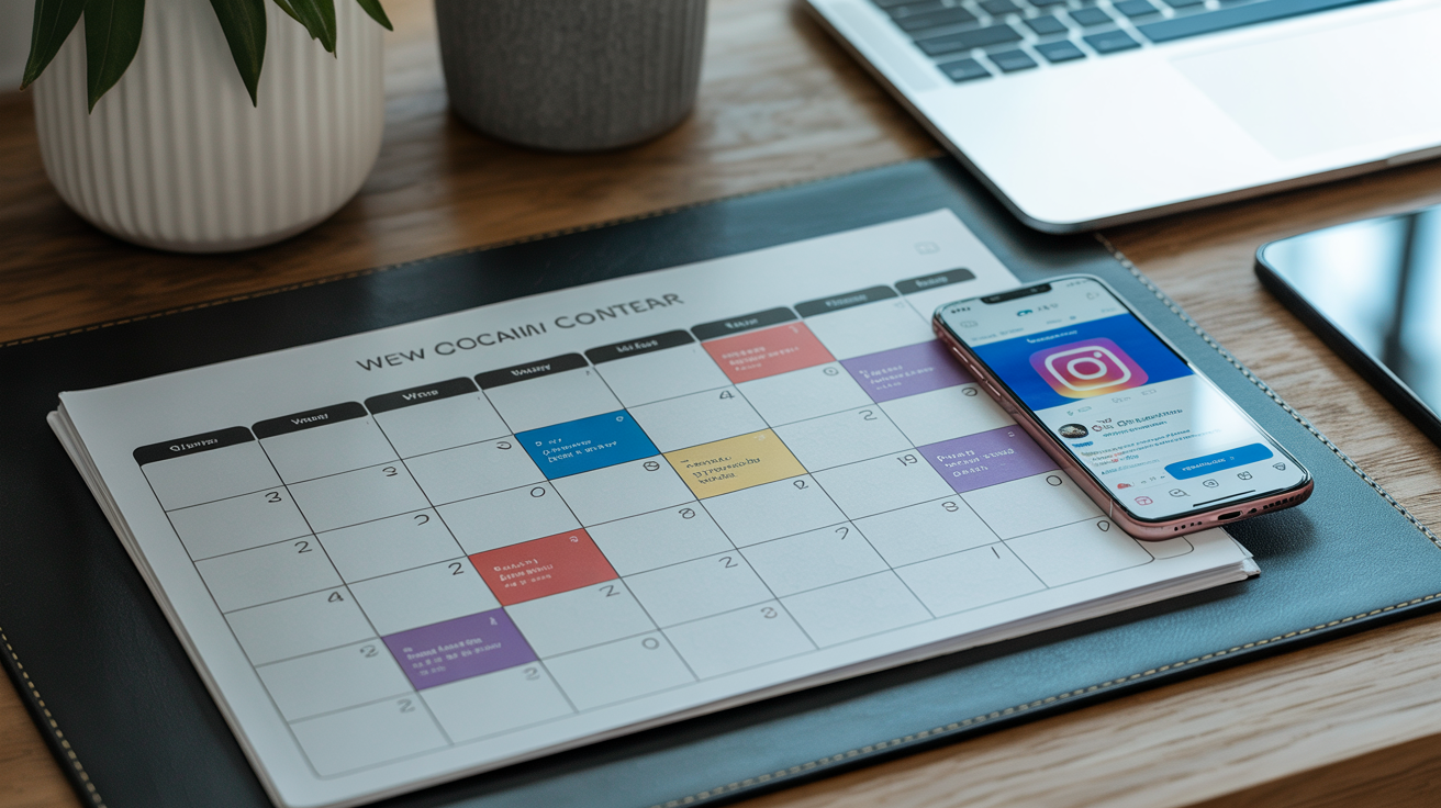Calendario de contenido editorial y smartphone con Instagram abierto, planificación de horarios óptimos de publicación