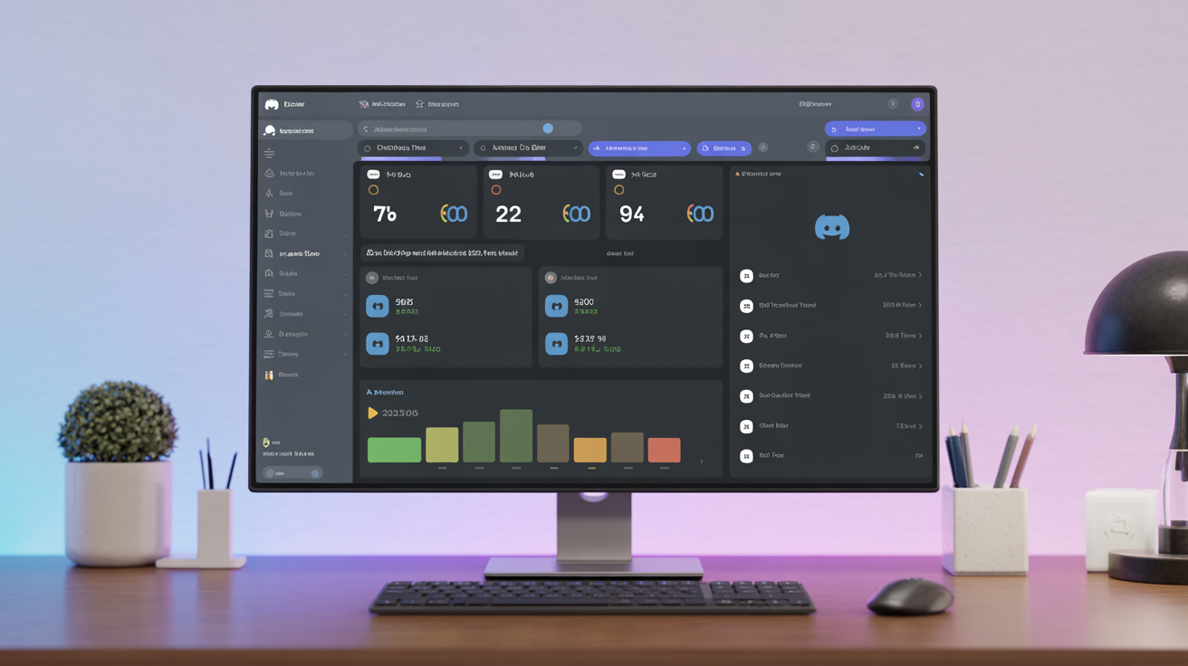 Interface d'un serveur Discord affichant le nombre de membres et des statistiques de croissance sur un écran professionnel