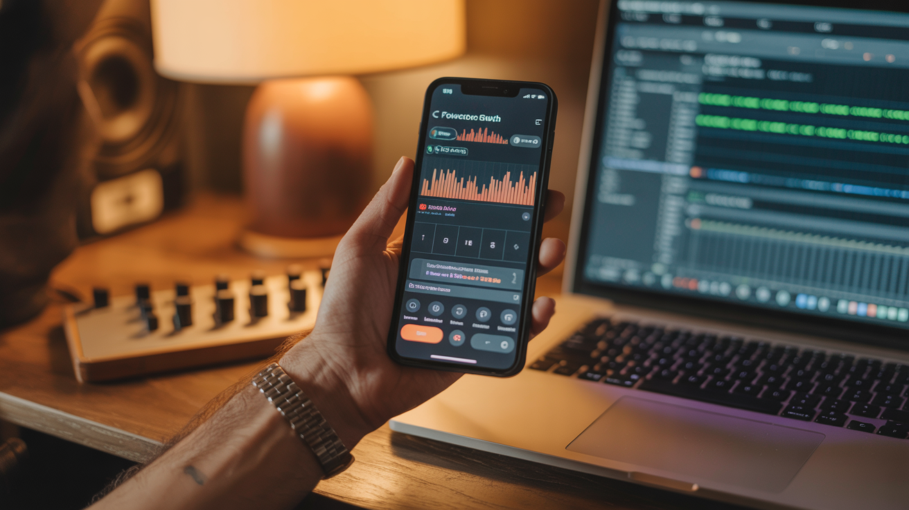 Artiste consultant la croissance de ses followers SoundCloud sur smartphone, studio home, promotion musicale