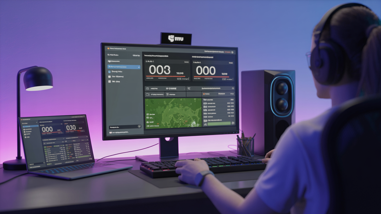 Streamer profissional analisando estatísticas de seguidores Twitch em setup gaming com tela roxa, crescimento de canal 2026