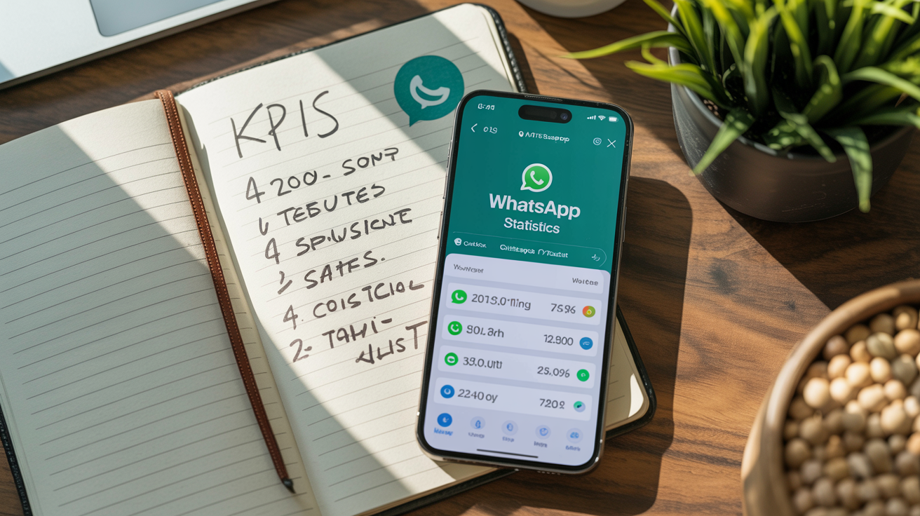 Smartphone affichant les statistiques d'une chaîne WhatsApp posé sur un bureau avec des notes de KPIs manuscrites