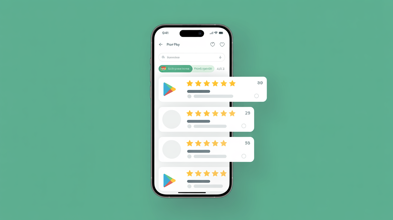 Écran de smartphone affichant une note 5 étoiles sur Google Play Store avec plusieurs avis positifs, stratégie de croissance d'application
