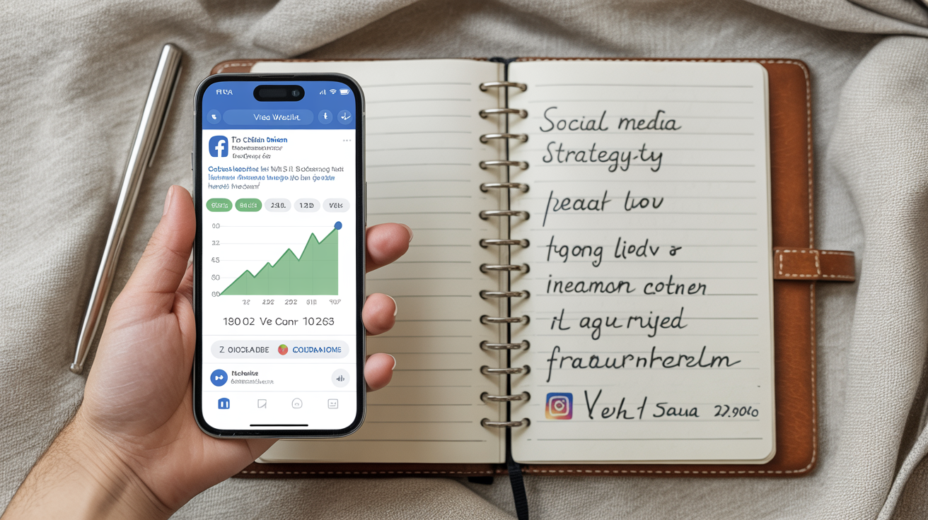 Smartphone affichant des statistiques de vues Facebook en hausse, stratégie vidéo social media sur fond neutre