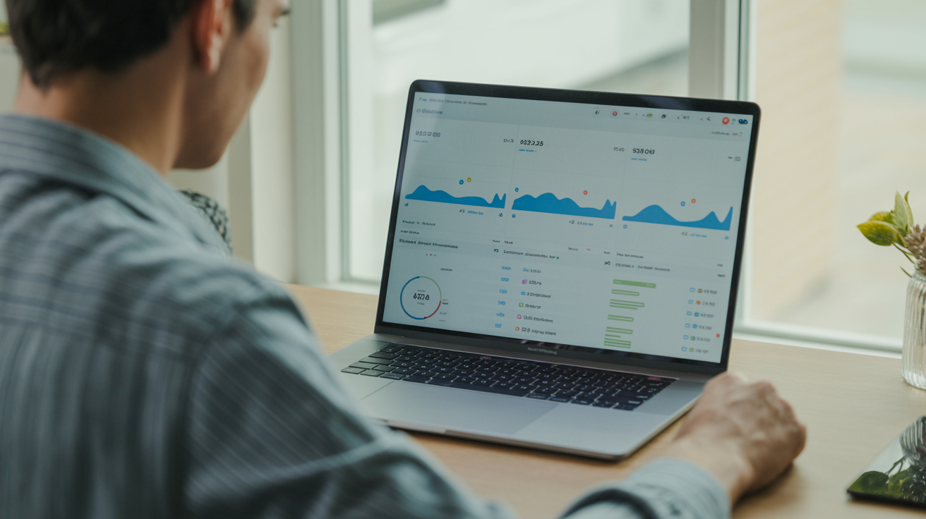 Créateur de contenu analysant les statistiques SEO de ses vidéos Vimeo sur un ordinateur portable dans un studio professionnel