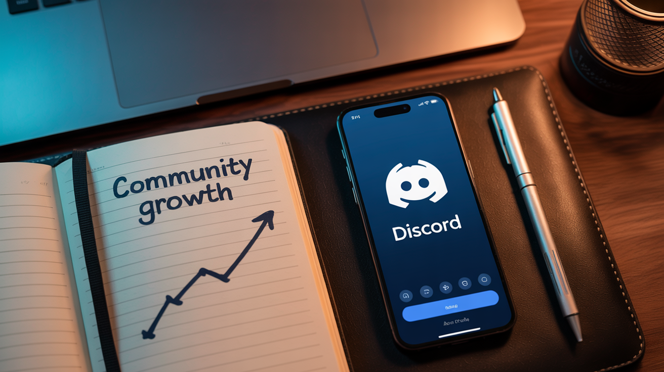 Téléphone affichant l'interface Discord posé sur un bureau avec des notes de stratégie de croissance communautaire