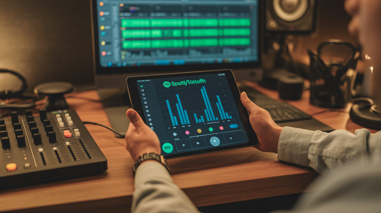 Müzik prodüktörü Spotify takipçi büyüme istatistiklerini tablet üzerinde inceliyor, modern stüdyo ortamı