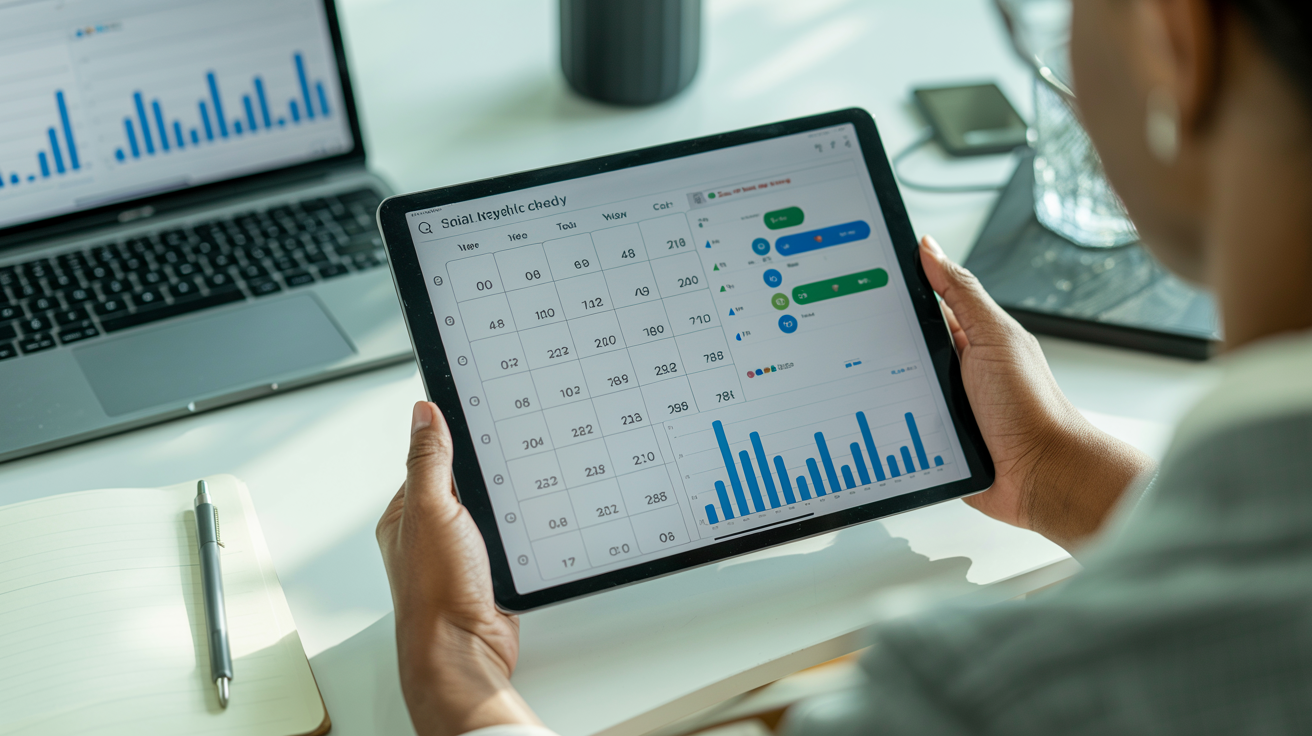 Planification éditoriale sur tablette avec calendrier de publication et graphiques d'analyse social media