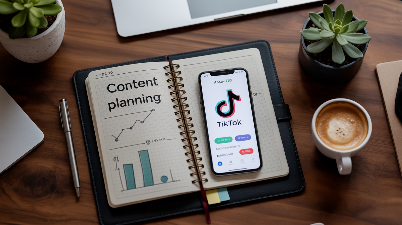 Content planning notebook for TikTok next to a smartphone showing engagement metrics and analytics