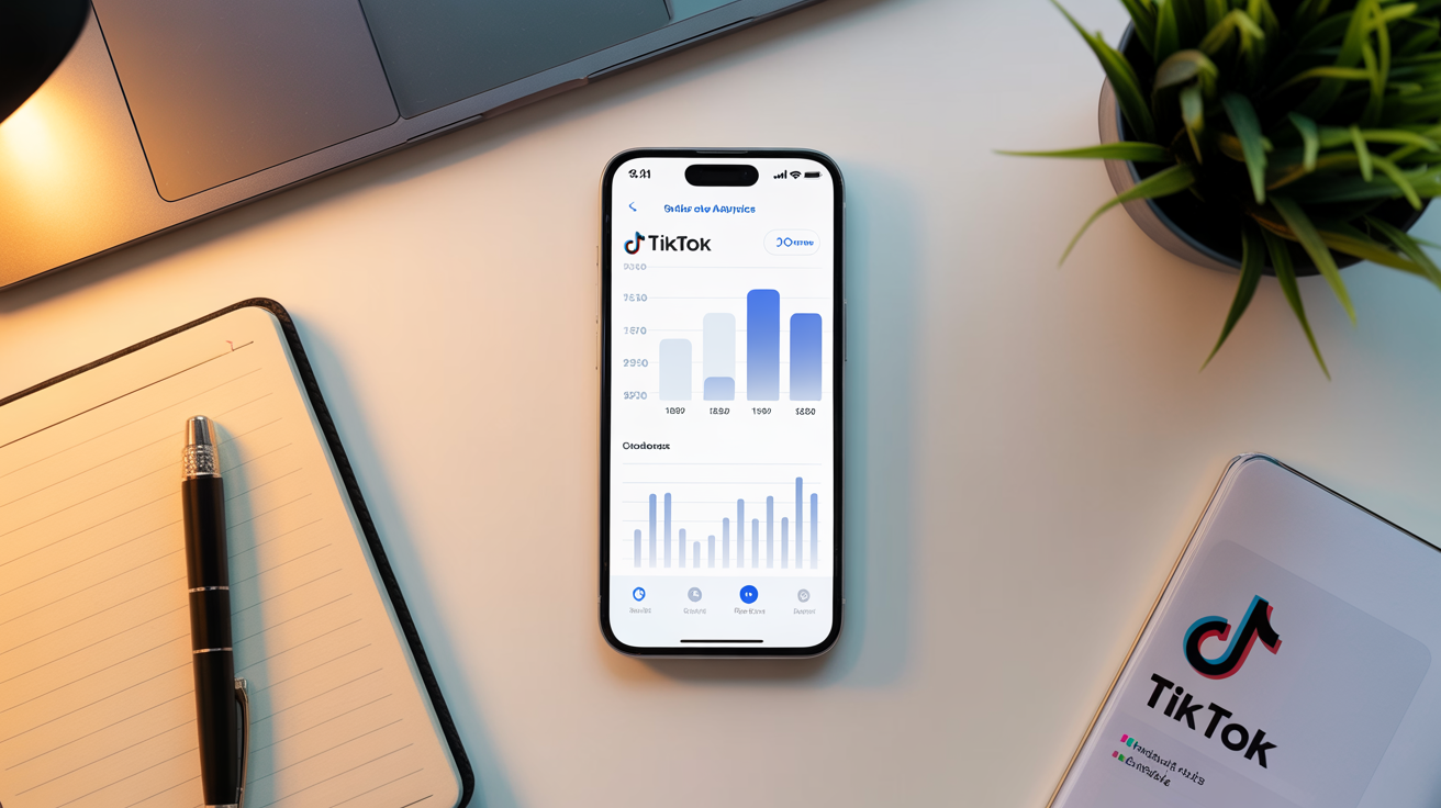 Smartphone affichant les graphiques TikTok Analytics posé sur un bureau avec carnet de notes