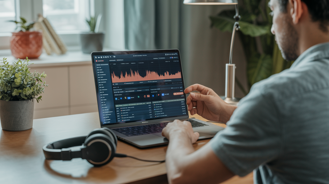 Produser musik memeriksa statistik followers SoundCloud-nya di laptop di studio rumah, pertumbuhan pengikut