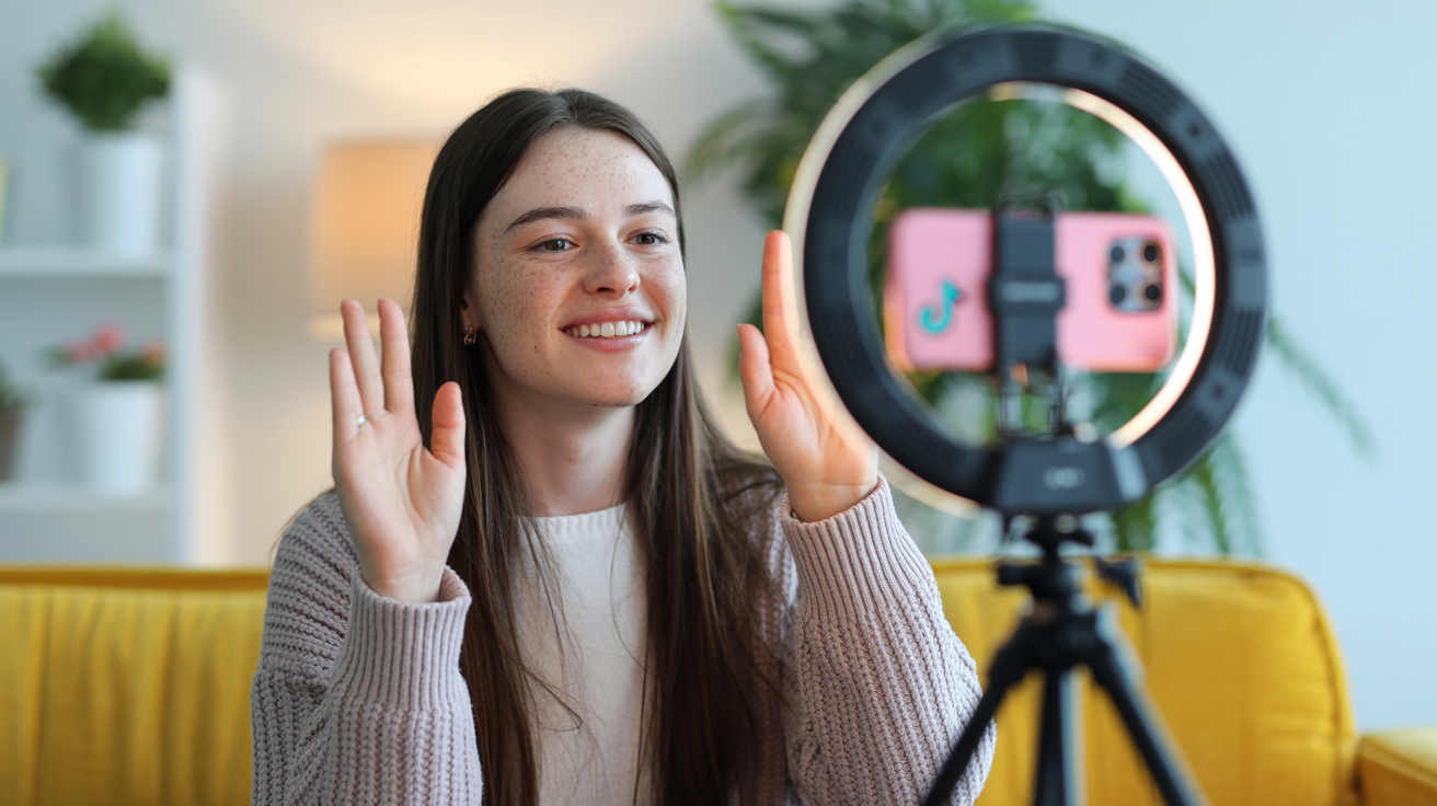 Innehållsskapare spelar in video för TikTok med smartphone på stativ, tillväxt- och engagemangsstrategier