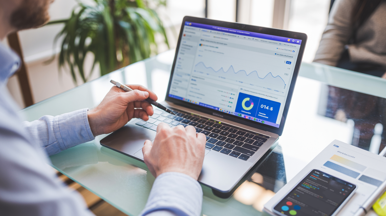 Sviluppatore che analizza metriche ASO e strategia di recensioni App Store su laptop in workspace professionale
