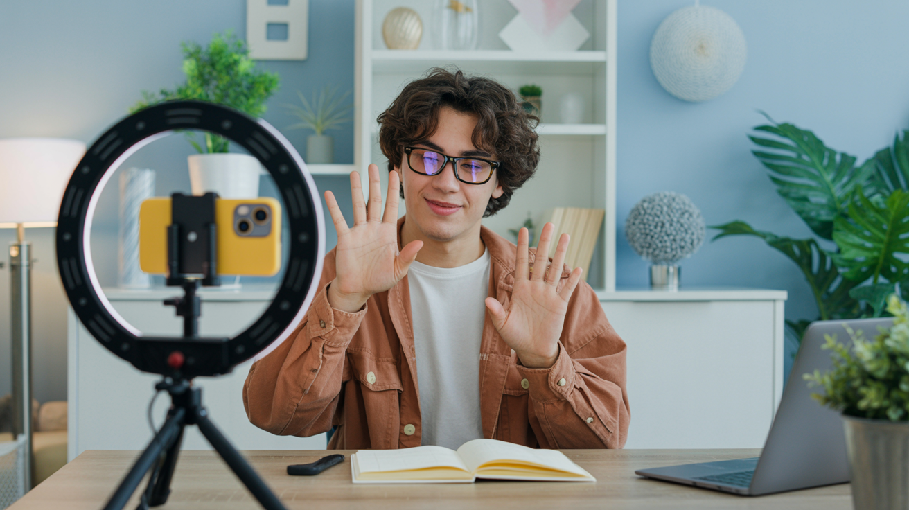TikTok-innehållsskapare vid skrivbordet filmar video, visar postningsstrategier och algoritmoptimering för maximerad räckvidd