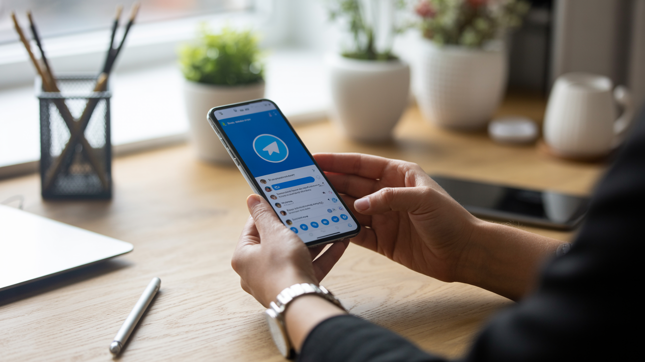 Administrateur gérant une chaîne Telegram sur smartphone pour améliorer l'engagement et la croissance de sa communauté