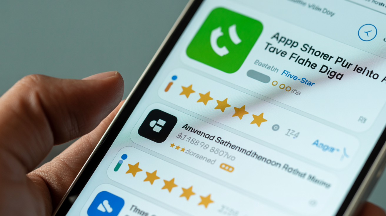Schermata dell'App Store con valutazioni a 5 stelle su smartphone, ottimizzazione ASO e crescita app 2025