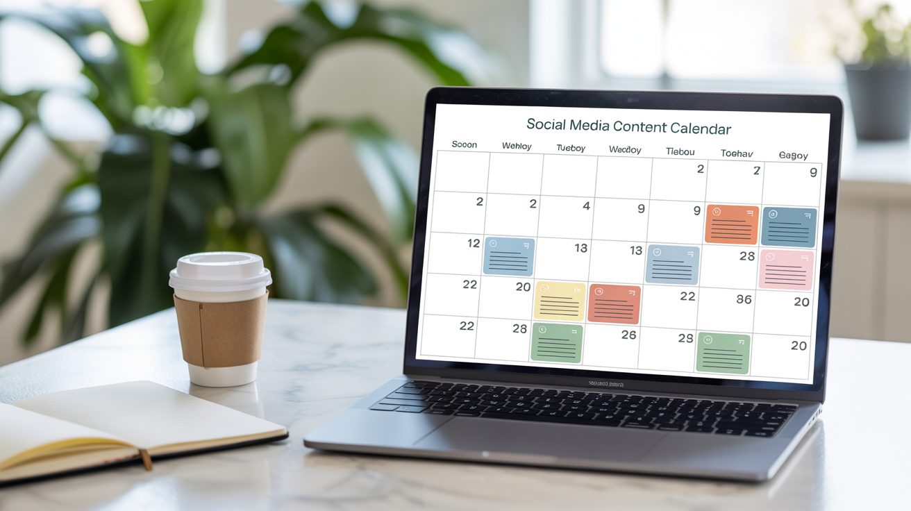 Calendrier éditorial de contenu Facebook affiché sur un ordinateur portable dans un espace de travail professionnel