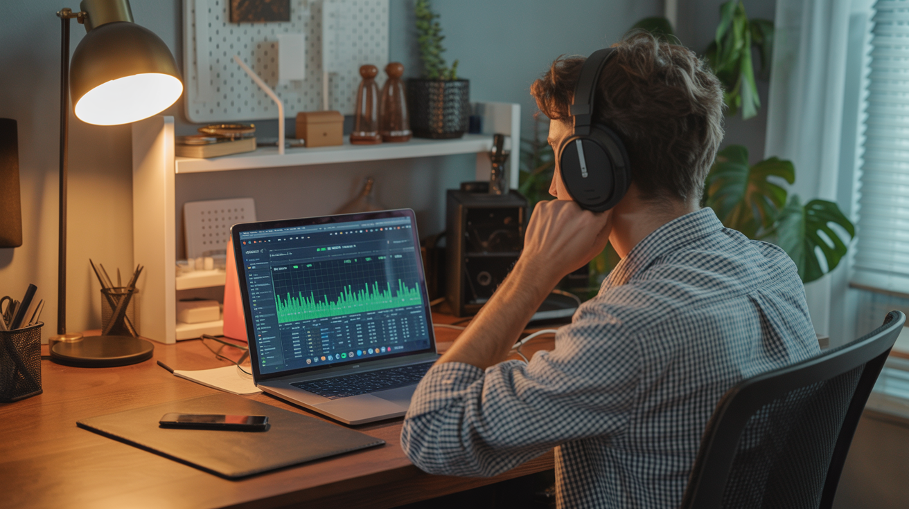 Musisi melihat statistik SoundCloud di laptop di studio rumah — membeli likes dan memperluas jangkauan pada 2026