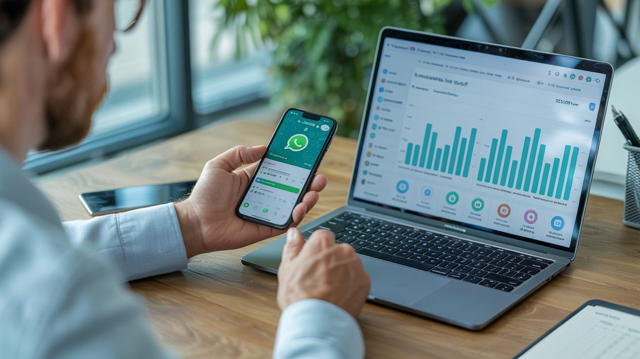 Professionnel analysant les statistiques d'engagement d'une chaîne WhatsApp sur smartphone et ordinateur portable, marketing digital