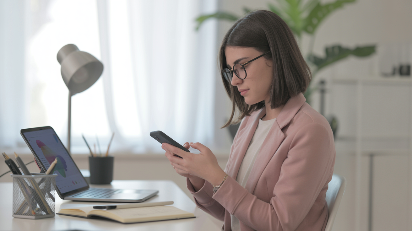 Créateur de contenu analysant les horaires de publication TikTok sur smartphone, workspace moderne, stratégie social media 2026