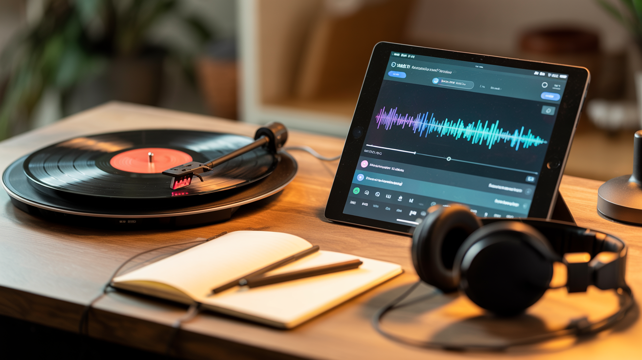 Interface de streaming musical SoundCloud affichée sur une tablette posée sur un bureau de studio, écouteurs et notes à côté
