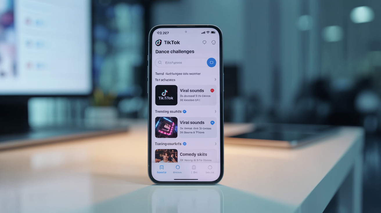 Smartphone screen displaying TikTok search results and trending keywords for platform SEO