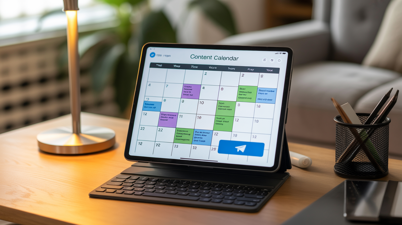 Calendrier éditorial affiché sur tablette pour planifier les publications d'une chaîne Telegram et améliorer l'engagement