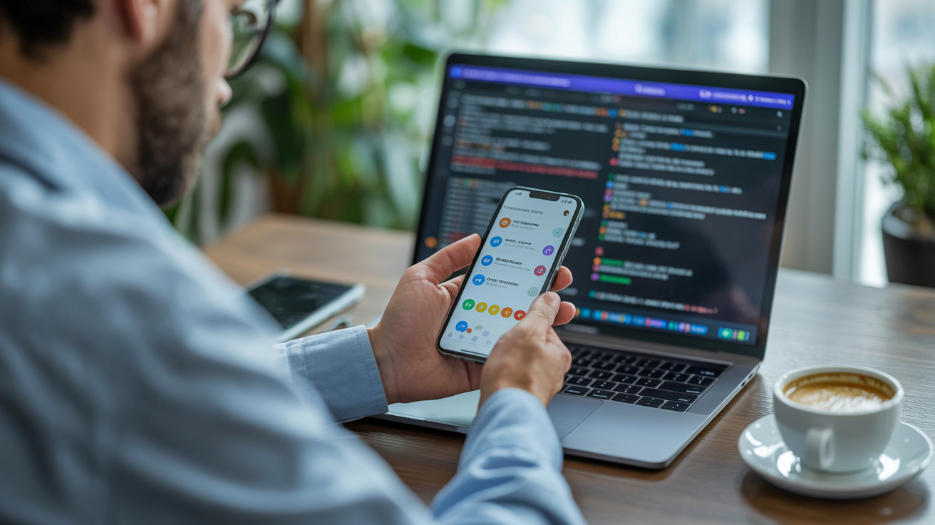 Sviluppatore che analizza le recensioni App Store su smartphone, strategia di crescita app nel 2025