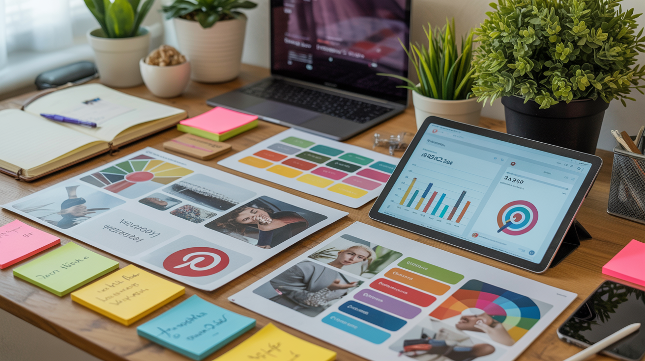 Pinterest strategy workspace with mood boards, notes, and analytics on a tablet