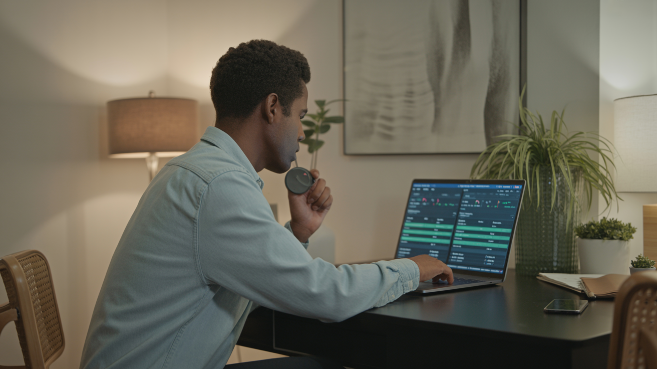 Müzisyen Spotify takipçi analitiğini inceliyor, modern home studio ortamı, dijital müzik büyümesi 2026