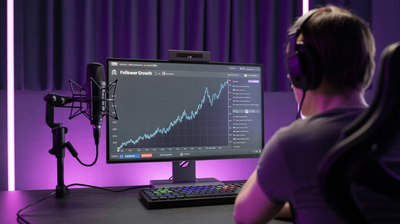 Profesjonalny streamer analizujący wzrost obserwujących na kanale Twitch w panelu analityki, konfiguracja streamingu i ekran analityk