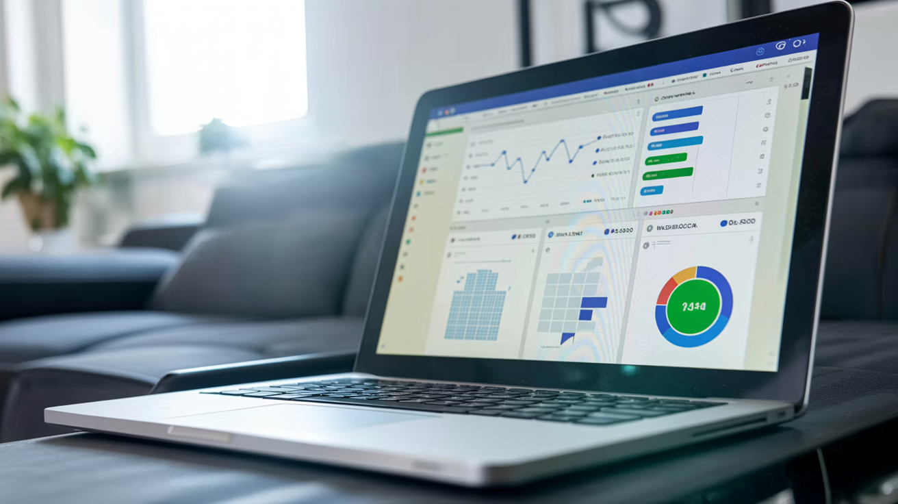 Tableau de bord d'analytics Instagram affiché sur un ordinateur portable dans un espace de travail professionnel