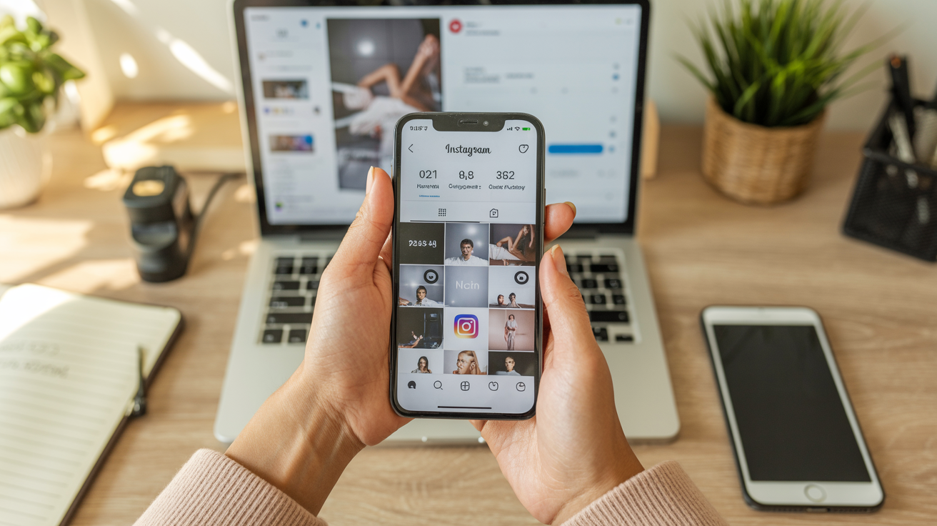 Content creator analyzing her Instagram Reels likes on smartphone, social media growth strategy