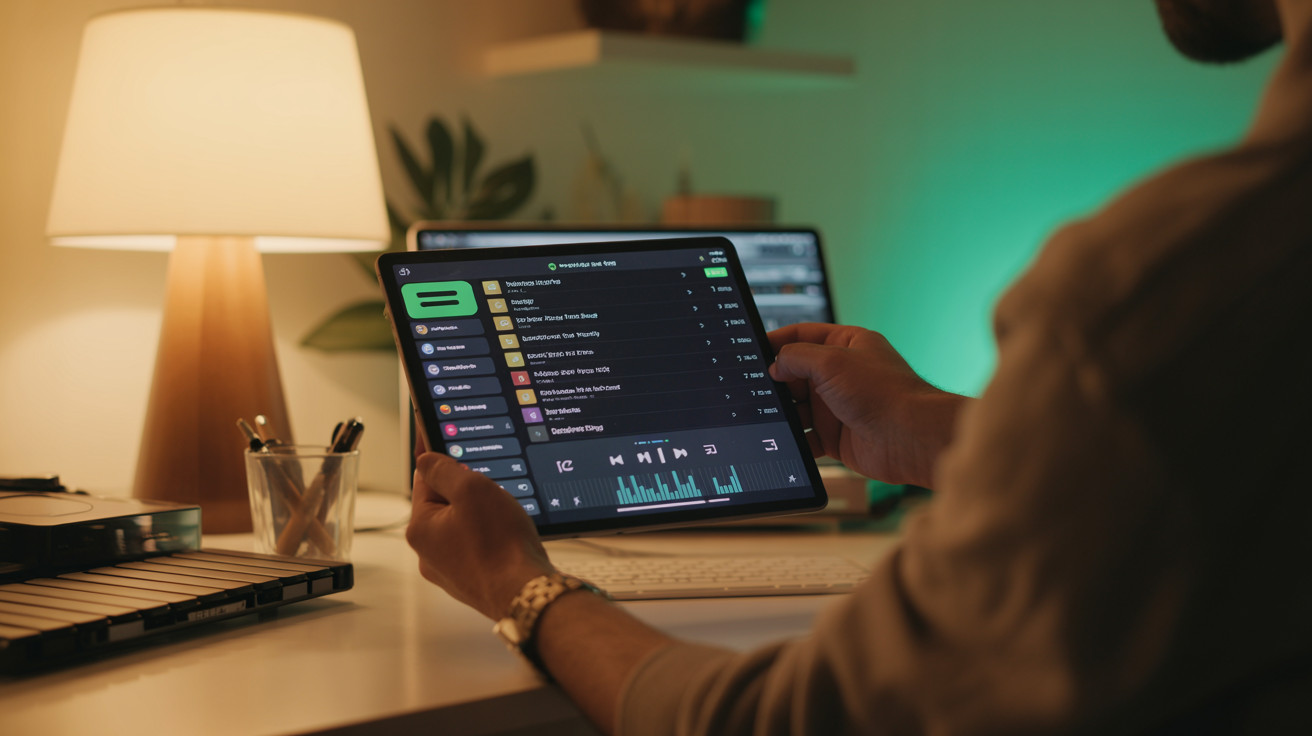 Artiest dient een nummer in voor een Spotify-afspeellijst via tablet in professionele studio