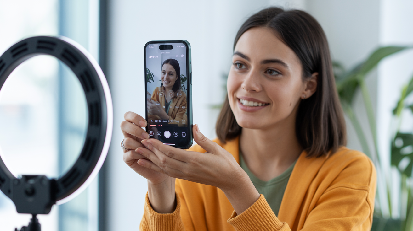 Contentcreator filmt een Instagram Reel op smartphone in moderne studio, likes boost en social media engagement