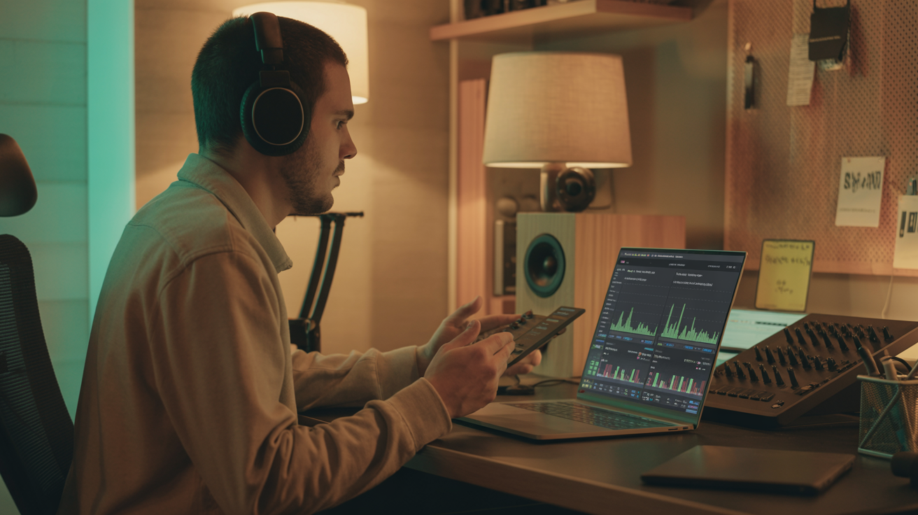 Musikproduzent analysiert SoundCloud-Statistiken auf einem Laptop in einem professionellen Studio 2026