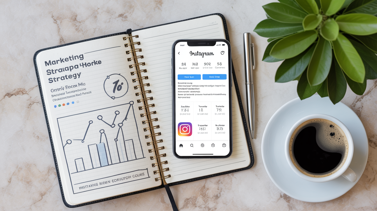 Cahier de stratégie marketing et smartphone affichant les analytics Instagram Reels, style professionnel épuré