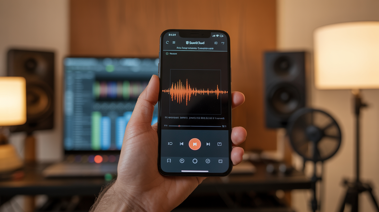 Musisi melihat waveform SoundCloud di smartphone — algoritma dan likes sebagai faktor ranking untuk jangkauan lebih besar