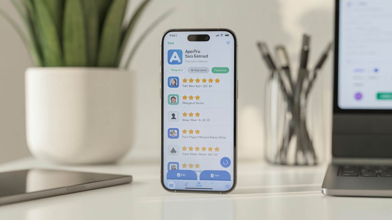 Smartphone menampilkan ulasan App Store dengan 5 bintang – Beli ulasan aplikasi untuk download dan ranking lebih tinggi