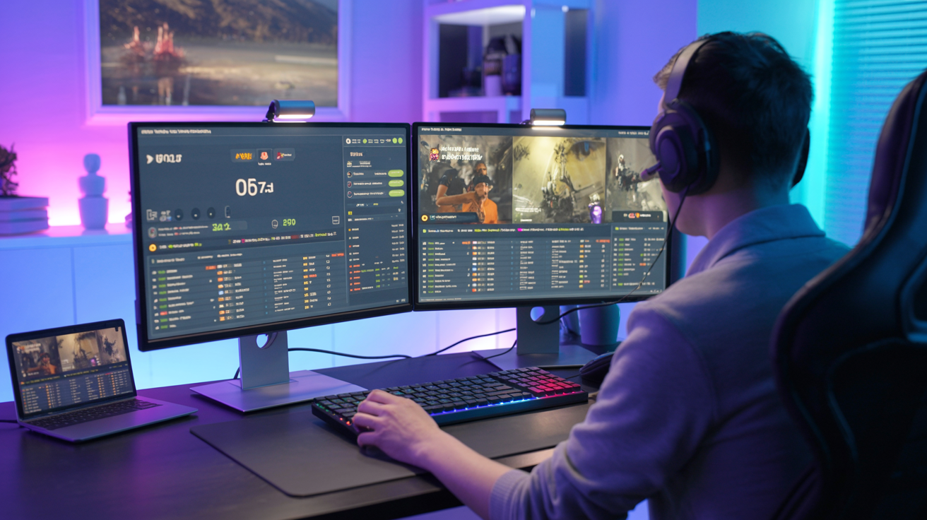 Oyun kurulumunun önünde profesyonel yayıncı, ekranda Twitch canlı izleyici istatistikleri ve 2025 yılında artan kitlesi görünüyor