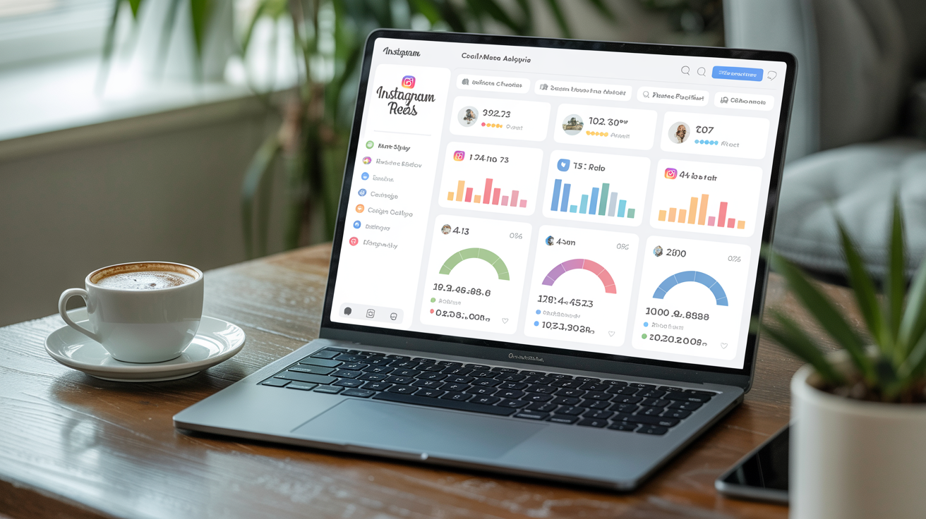 Pannello di controllo analytics dei Reels Instagram visualizzato su un laptop in uno spazio di lavoro professionale