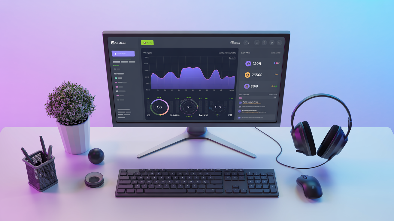 Compteur de viewers en temps réel sur un écran de streamer Twitch, setup gaming professionnel en live