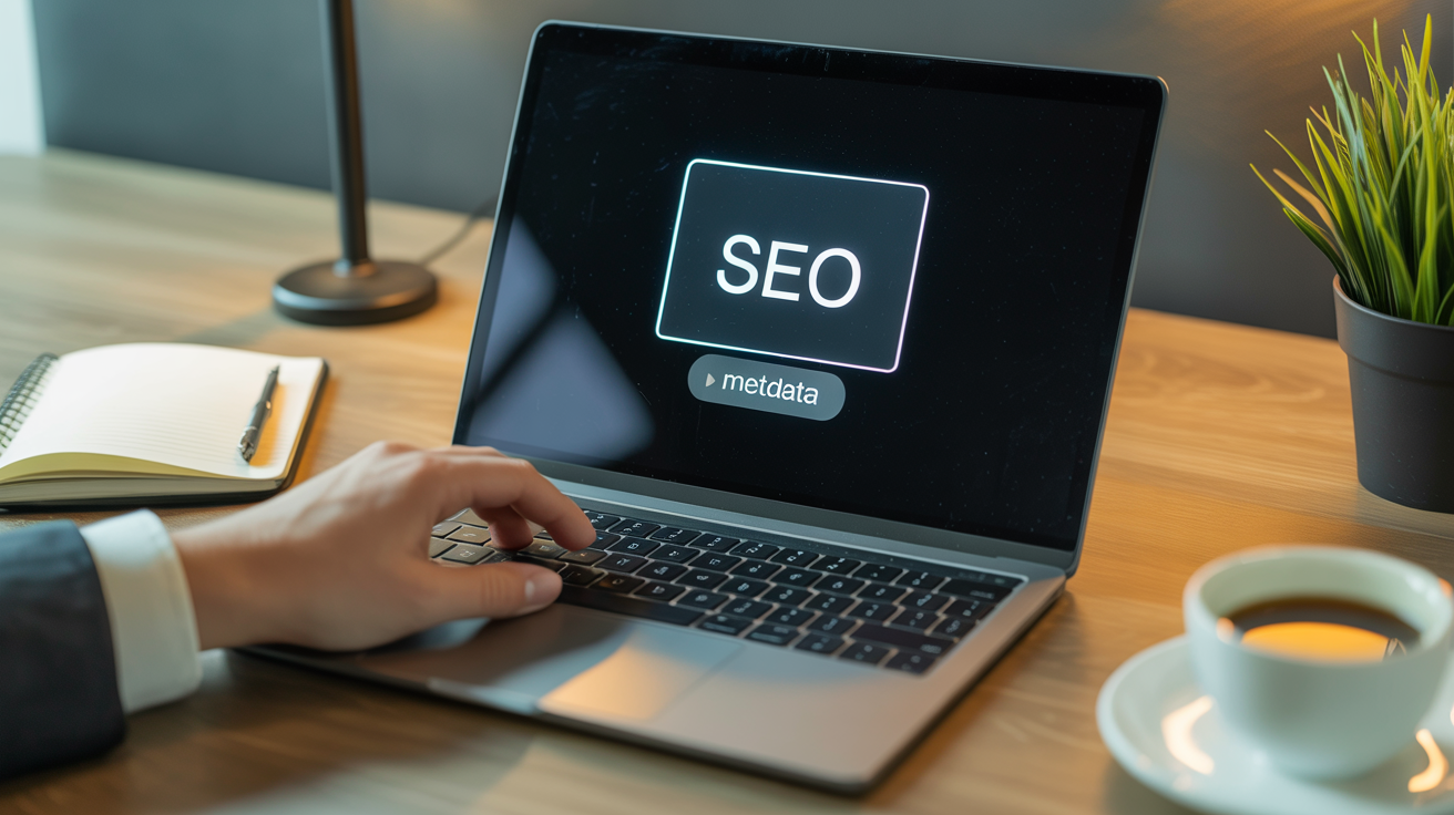 Rédaction de métadonnées SEO pour une vidéo Vimeo sur ordinateur portable, espace de travail minimaliste