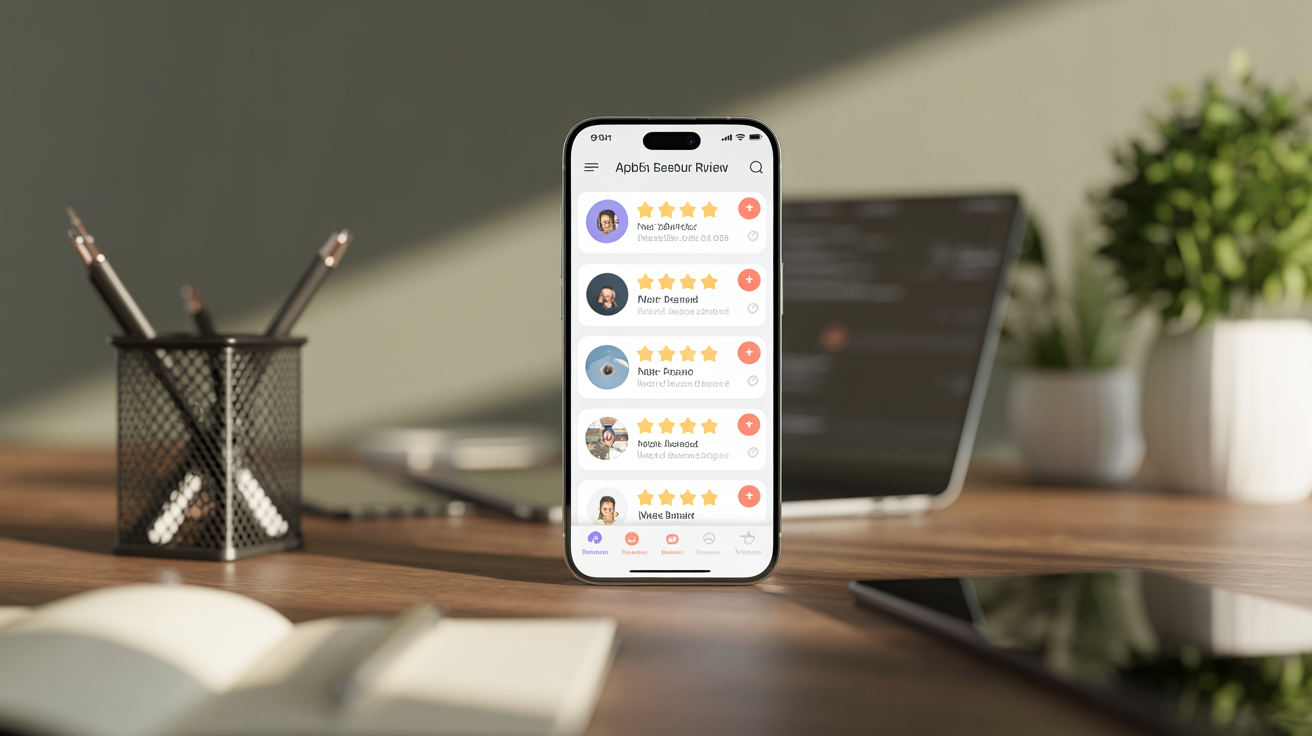 Smartfon pokazujący opinie aplikacji Google Play Store z gwiazdkami – marketing aplikacji i strategie oceny 2026